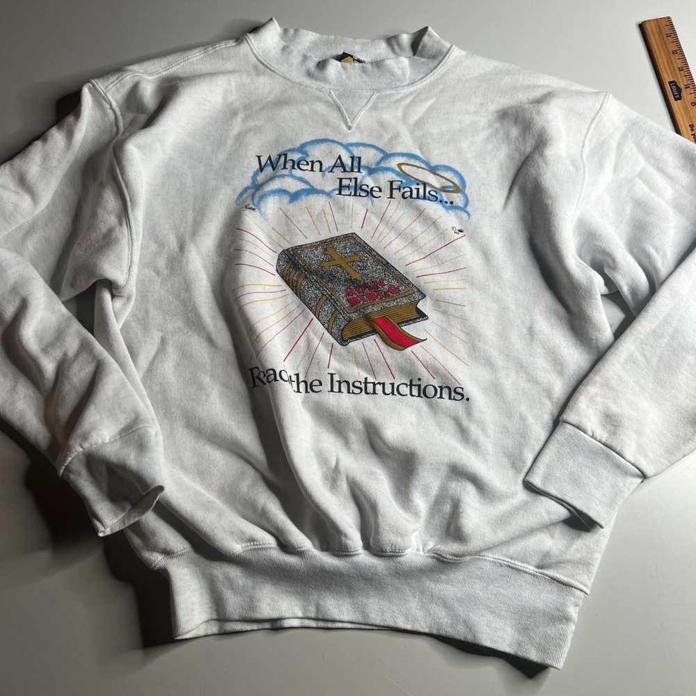 Vintage HL Miller Gold Religious Sweatshirt XL White Read The Instructions USA